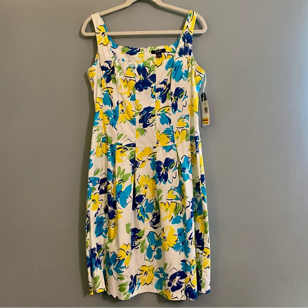 NWT Chaps Sleeveless Square Neck Fit and Flare White Blue Floral Dress Sz 14 - Picture 2 of 9